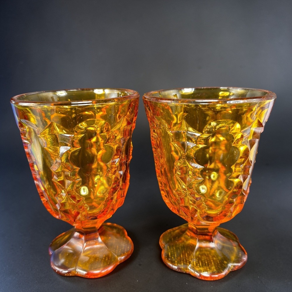 Vintage Amber Glass Goblets Diamond Starburst Footed Water Glasses Set of2 Decor